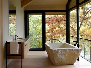 Fototapeta premium Escape to tranquility in this minimalist spa retreat, where sleek eco-friendly bath accessories meet the rustic charm of a stone bathtub Soft, natural lighting fills the space, creating a serene and