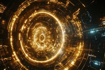 Fototapeta premium Glowing concentric circles with technological patterns create an abstract scene