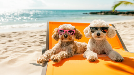 Two cute dogs of the poodle breed in sunglasses resting on a yellow sun lounger on the beach against the backdrop of the ocean. Summer vacation atmosphere in tropical places.