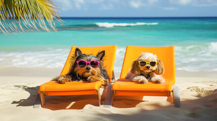 Two cute dogs of the Yorkshire terrier and maltipoo breed in sunglasses resting on a yellow sun lounger on the beach against the backdrop of the ocean. Summer vacation atmosphere in tropical places.