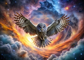 Majestic Great Grey Owl in Flight, Wings Spread Wide: Surreal Wildlife Photography