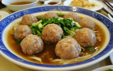 Delicious Asian Beef Meatball Soup in Bowl