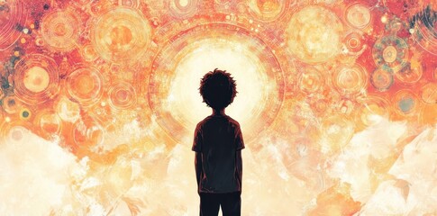 A young person gazes into an abstract celestial background