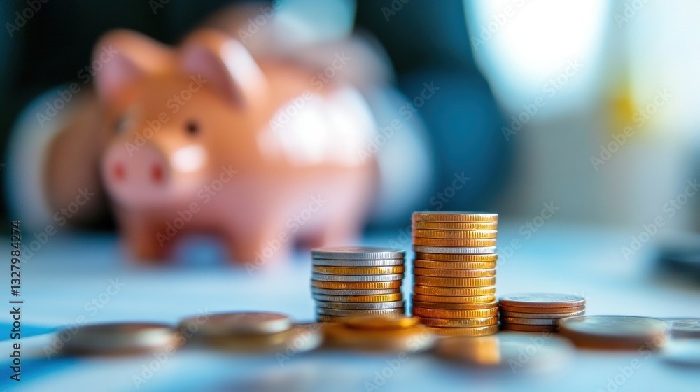 Aufkleber stacks of coins are arranged neatly on a table with a piggy bank in the background, symbolizing savi
