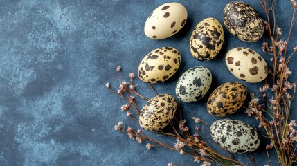 Obraz premium Spotted eggs, pastel colors, on dark blue surface, floral sprigs