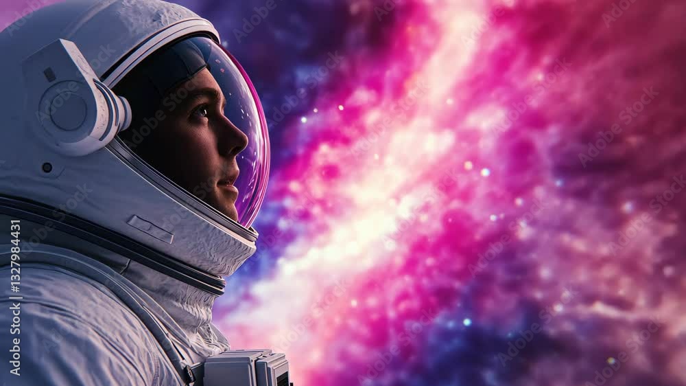 Aufkleber astronaut in a white spacesuit looking into a starry pink nebula background space exploration and hu