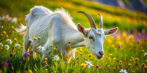 Obraz premium Majestic Horned White Goat Grazing in Lush Green Alpine Meadow - Aerial View
