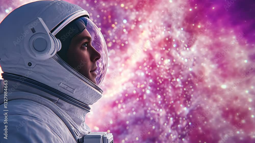 Aufkleber astronaut in a white spacesuit looking into a starry pink nebula background space exploration and hu