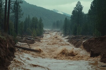 Powerful Brown Floodwater Rushing Through Dense Evergreen Forest