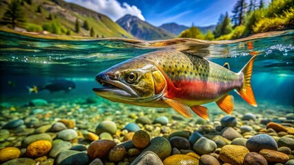 Naklejka premium Majestic Huchen: Underwater Close-Up of Danube Salmon in Crystal Clear Mountain River