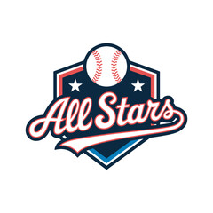 hexagonal baseball logo with all stars written on it with a ball on top and two stars on the sides