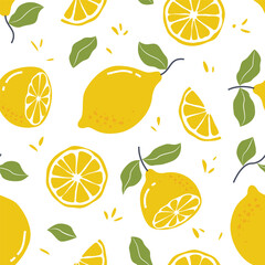 Hand drawn lemon fruits with lemon slice and grain seamless pattern. Vector Illustration