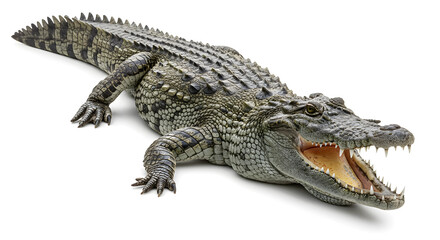 Naklejka premium Crocodile Open Mouth, Isolated on White Background - Large Saltwater Alligator with Sharp Teeth