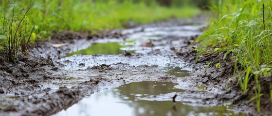 Fototapeta premium Muddy Path After Rain: A Nature Close-Up