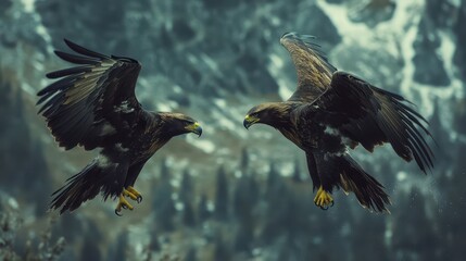 Obraz premium Two eagles soar majestically in front of mountainous landscape