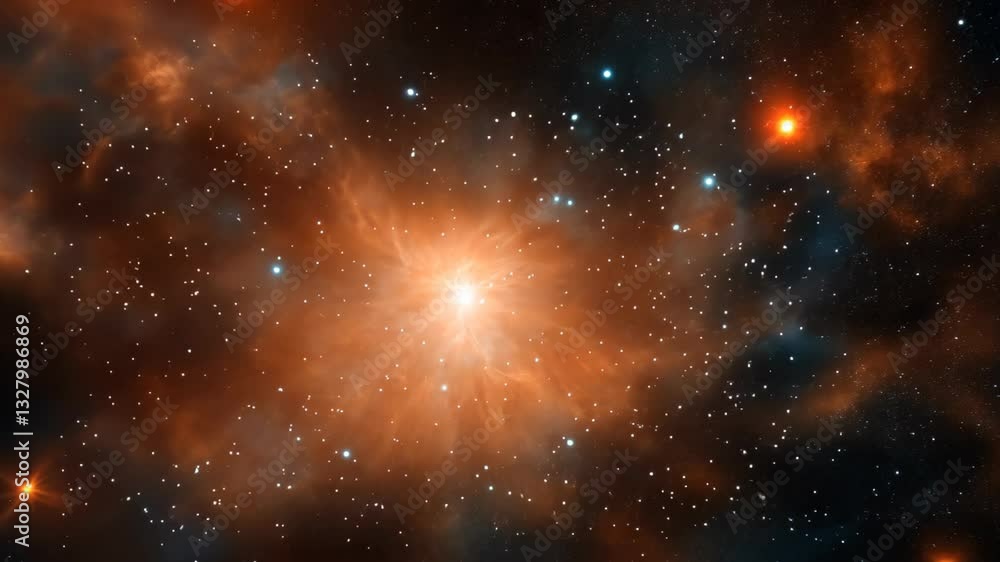 Poster captivating voyage through vast dense starfield in outer space loop featuring glowing nebula and cou