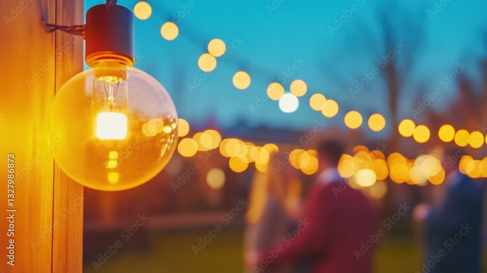 Poster a cozy evening party is illuminated by glowing string lights, creating an inviting setting for frien