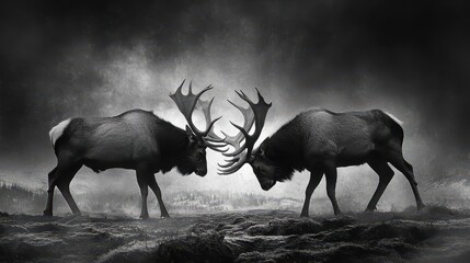 Two majestic elk clash horns in a dramatic black and white image