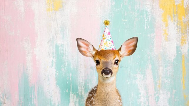 A young fawn dons a colorful party hat, standing in front of a vibrant backdrop adorned with pastel hues, exuding a joyful ambiance