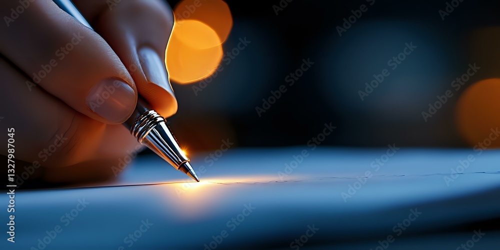 Poster close-up of fountain pen nib on paper with warm bokeh lights in dark background, creating atmospheri