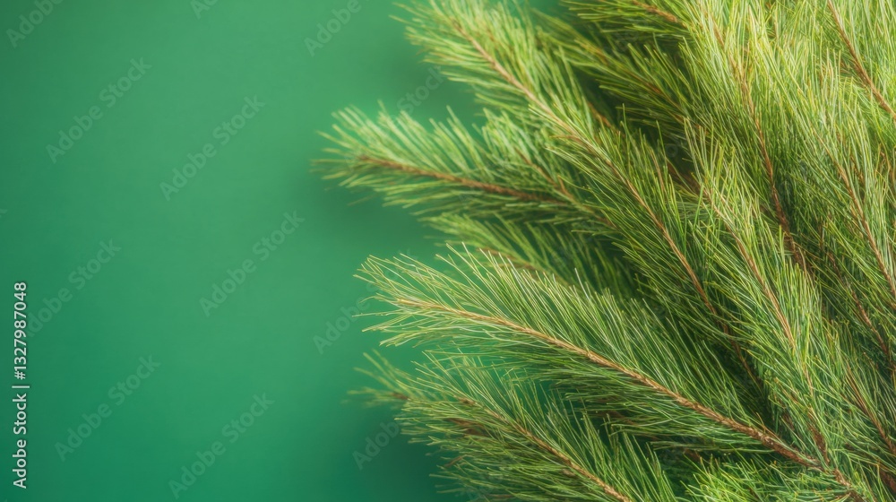 Poster pine branches rest against a bold green backdrop, showcasing their texture and color for a refreshin