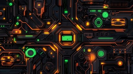 Fototapeta premium Futuristic circuit board, glowing neon lights, intricate design, central core