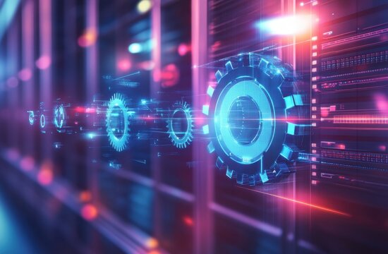 Futuristic digital gear icon set with gears and data in a blurred server room background, representing technology for system management or process design Generative AI