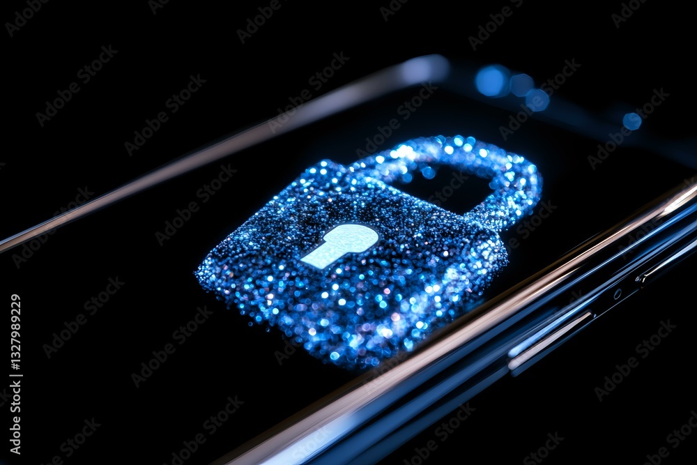 Poster glowing blue digital padlock icon on smartphone screen with sparkle effect and dark background repre