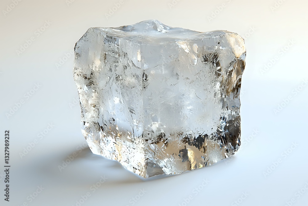 Poster single ice cube with natural imperfections and bubbles on white background, showing transparency and