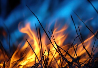Vibrant Flames Dancing Among Dry Grass with a Background of Cool Blue Hues Capturing the Contrast of Fire and Nature's Elements