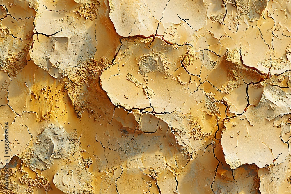Poster cracked and peeling paint layers create abstract texture pattern in warm beige and golden tones on w