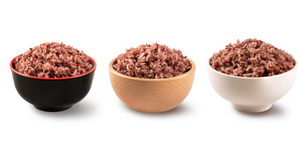 Cooked rice berry in different bowl isolated on white background.