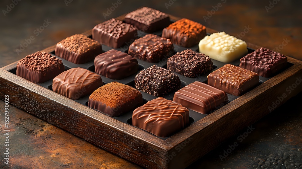 Poster assorted luxury chocolate pralines and truffles in wooden box on dark background. handmade confectio