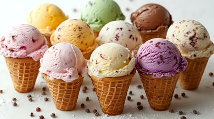 Assorted ice cream scoops in waffle cones featuring various flavors like vanilla, chocolate, strawberry, and pistachio, garnished with chocolate chips on white surface.