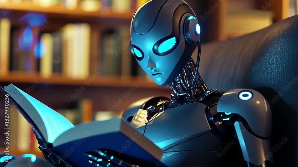 Poster innovative robot immersed in literature explores the wonders of human knowledge at a cozy library se