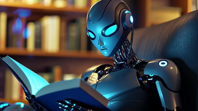 Innovative robot immersed in literature explores the wonders of human knowledge at a cozy library setting Generative AI