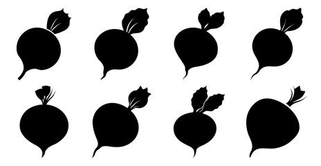 Fototapeta premium Collection of black beetroot silhouettes, various shapes and styles. Perfect for food, health, or farming designs.