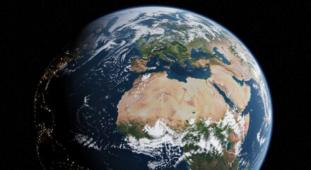 Fototapeta premium A breathtaking view of Earth from space, highlighting Europe's vibrant landscapes and Africa's diverse terrains, with mountains, deserts, and swirling clouds framing the beauty.