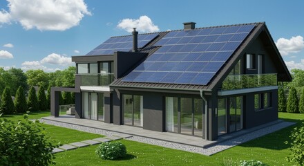 Naklejka premium A modern house with a sleek design featuring solar panels on the roof, surrounded by lush green grass and well-maintained gardens. The space is bright and inviting, showcasing a sustainable lifestyle.