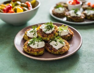 Vegan Fritters with Herbed Cream Cheese and Pickled Vegetables – Sage Green Backdrop for Plant-Based Recipe Inspiration