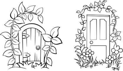 Botanical Plants Door with Intricate Floral Design Line Art Vector