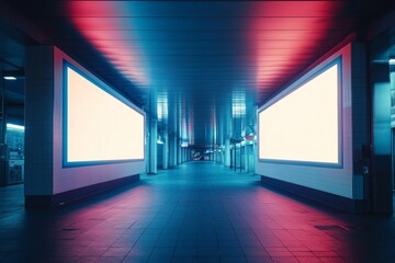 Empty, large billboard in the center of a long, modern subway tunnel/station, Striking text box, Smooth concrete walls and floor, advertising concept. 32k Resolution  