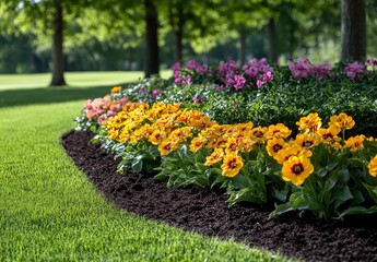 Obraz premium Vibrant Flower Bed with Colorful Blossoms, Lush Green Grass, and Sunlit Trees in a Peaceful Garden Setting Ideal for Nature Lovers