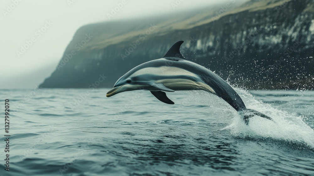 Poster dolphin jumps out of ocean waves under cloudy sky in a dynamic display of nature's beauty