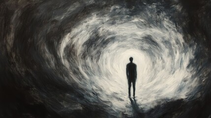 ethereal journey into the unknown with a solitary figure standing at the edge of a swirling void