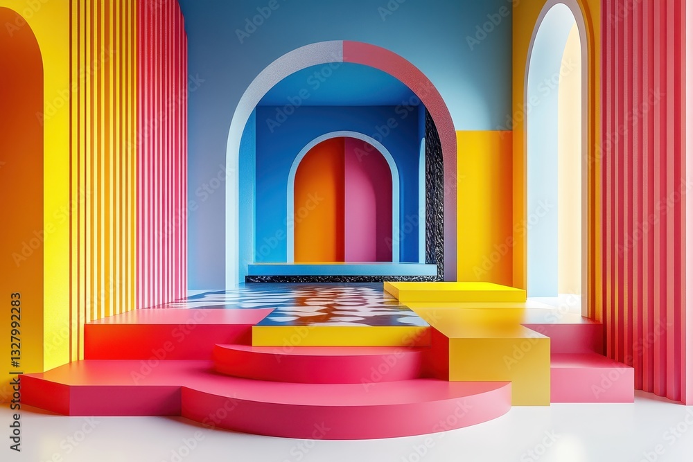 Fototapete bright and abstract vector illustration of an artistic interior space with colorful geometric shapes