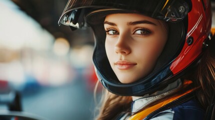 Portrait of a confident girl race car driver in a helmet with a focused gaze and racing gear 