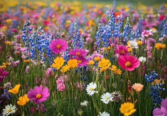 Fototapeta premium Vibrant Flower Field with Diverse Colors in Full Bloom Under Bright Blue Sky at Golden Hour