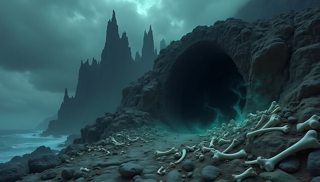 Bones strewn at a mysterious, dark cave entrance on a rocky island