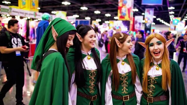 Group of cosplayers dressed as elves at a comic convention